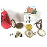 5 Piece Vintage Clock Compass & Thermometer Lot