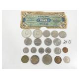 21 Piece U.S.A. & Foreign Coin & Bill Lot