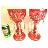 Pair of Victorian Cranberry Mantle Lusters