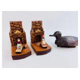 CARVED QUEBEC BOOKENDS AND A DECOY