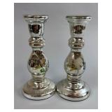PAIR OF DECORATED MERCURY GLASS CANDLESTICKS