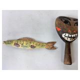 CARVED FOLK ART FISH & TWO-FACED RATTLE