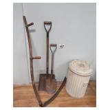Scythe, Shovels & Metal Trash Can w/ Lid