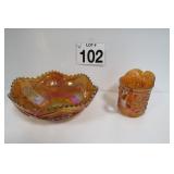 Vtg Marigold Carnival Glass Bowl & Vases