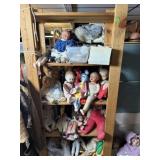 SHELF LOT OF DOLLS, PARTS, CLOTHING