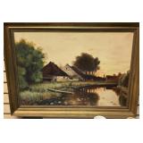 PRIMITIVE BOAT ON POND O/C PAINTING