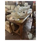 LOT OF MILK GLASS, CONSOLE TABLE