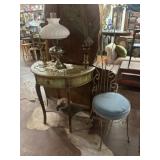 GARNITURE, DEMILUNE TABLE AND IRON CHAIR