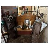 VINTAGE GOLF CLUBS, BENCH, COLLECTIBLES
