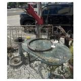 BIRD BATH, ANTIQUE TABLE, ARROW, DRIFTWOOD