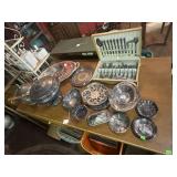 TABLE LOT OF SILVERPLATE SERVING ITEMS