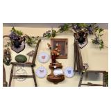 WALL LOT OF DECORATIVE ITEMS/CHAIR SHELVES