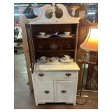 WHITE PAINTED HUTCH WITH DINNERWARE CONTENTS