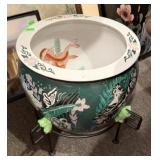 JAPANESE PORCELAIN FISH BOWL IN METAL STAND
