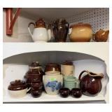 TWO SHELVES OF STONEWARE/POTTERY ITEMS