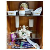 TEA SERVICE ITEMS, CLOCK, COOKWARES