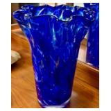 COBALT SWIRL ART GLASS RUFFLE VASE