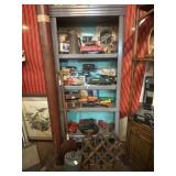 WOODEN SHELVING WITH CONTENTS