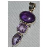 925 Sterling 3 Stone Amethyst Pendant 2.25'L
