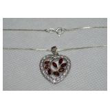 925 Sterling Garnet Heart Pendant Necklace 18'