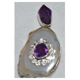 925 Sterling Amethyst & Agate Pendant 2 7/8' L