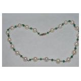 925 Sterling Pearl & Emerald Necklace 17'L
