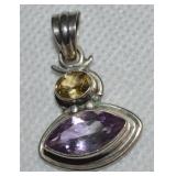 925 Sterling Citrine Amethyst Pendant 1.25'L