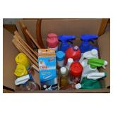 Box Lot of Liquid Cleaning Supplies & Wood Hangers