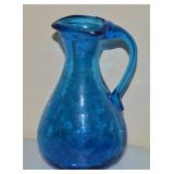 Vtg Blue Crackle Glass Handled Small Pitcher 5.75t