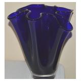 Vintage Cobalt Blue to Clear Glass Handkerchief