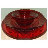 (3) Vtg Ruby Red Glass Serving Pcs w/ 3 Footed
