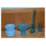 (4) Vintage Blue Glass Pcs w/ Frosted Compote,