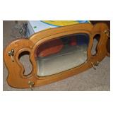 Antique Oak Wall Mirror w/ Cutouts & 4 Brass Hooks