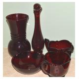 (5) Vtg Ruby Red Glass Pcs w/ Avon +
