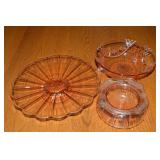 (3) Pink Depression Glass Pcs w/ Deco 3footed Bowl