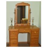 Vtg Maple 7 Drawer Vanity w/ Mirror 44w x 18d x