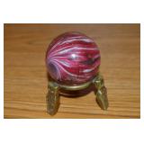 Vtg Handmade Red & White Swirl Glass Marble