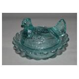 Mosser Aqua Glass Salt Dip Hen on Nest 2.5'