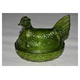LE Smith Olive Green Glass Hen on Nest Dish 6'