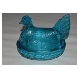LE Smith Teal Glass Hen on Nest Dish 6'