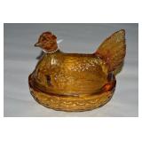 LE Smith Amber Glass Hen on Nest Dish 6'