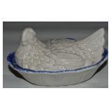 Vintage Blue Spongeware Ceramic Hen on Nest