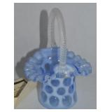 Fenton Blue Opalescent Coin Dot Art Glass Basket