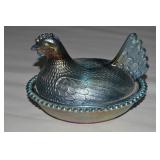 Indiana Glass Hen on Nest Dish 7' Blue Carnival