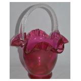 Vintage Cranberry Art Glass Handled Basket 11.25