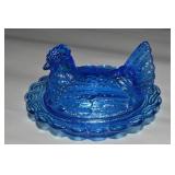 Mosser Blue Glass Hen on Nest Dish 6.5' Long