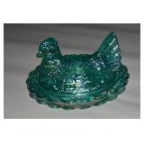 Mosser Teal Carnival Glass Hen on Nest 6.5'