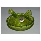 Westmoreland Green Glass Salt Dip Hen on Nest