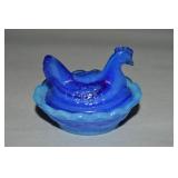 Boyd Blue Slag Glass Salt Dip Hen on Nest 2.5'