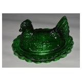 Mosser Green Glass Hen on Nest Dish 6.5'